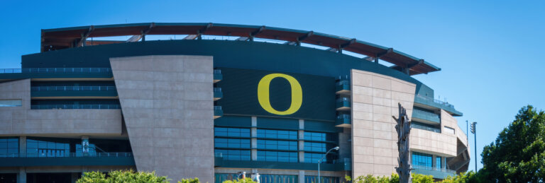 Autzen Stadium exterior with large Oregon Ducks O logo